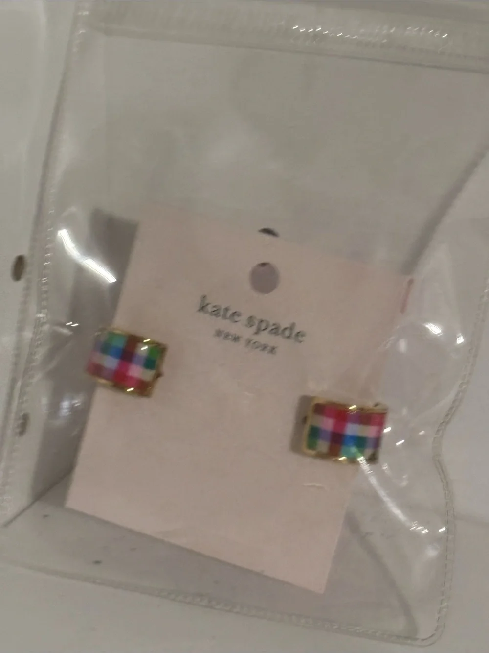 kate spade Multicolor Plaid Enamel Huggie Studs with Gold Trim
